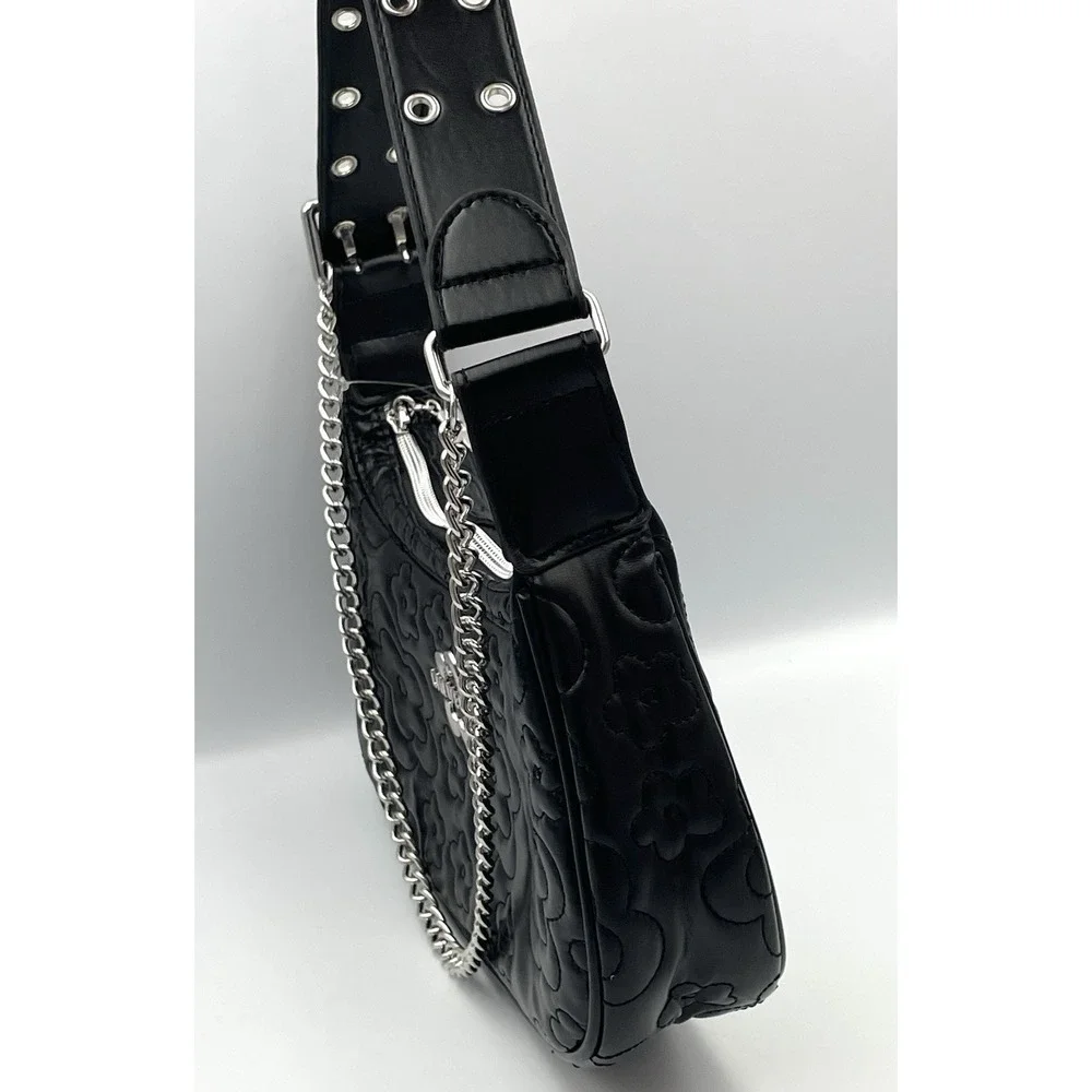 Vintage Y2K Limited Too Purse Bag Black Quilted Flower Shoulder Strap Chain EUC